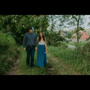 Blue skirt & lace top engagement/family picture outfit